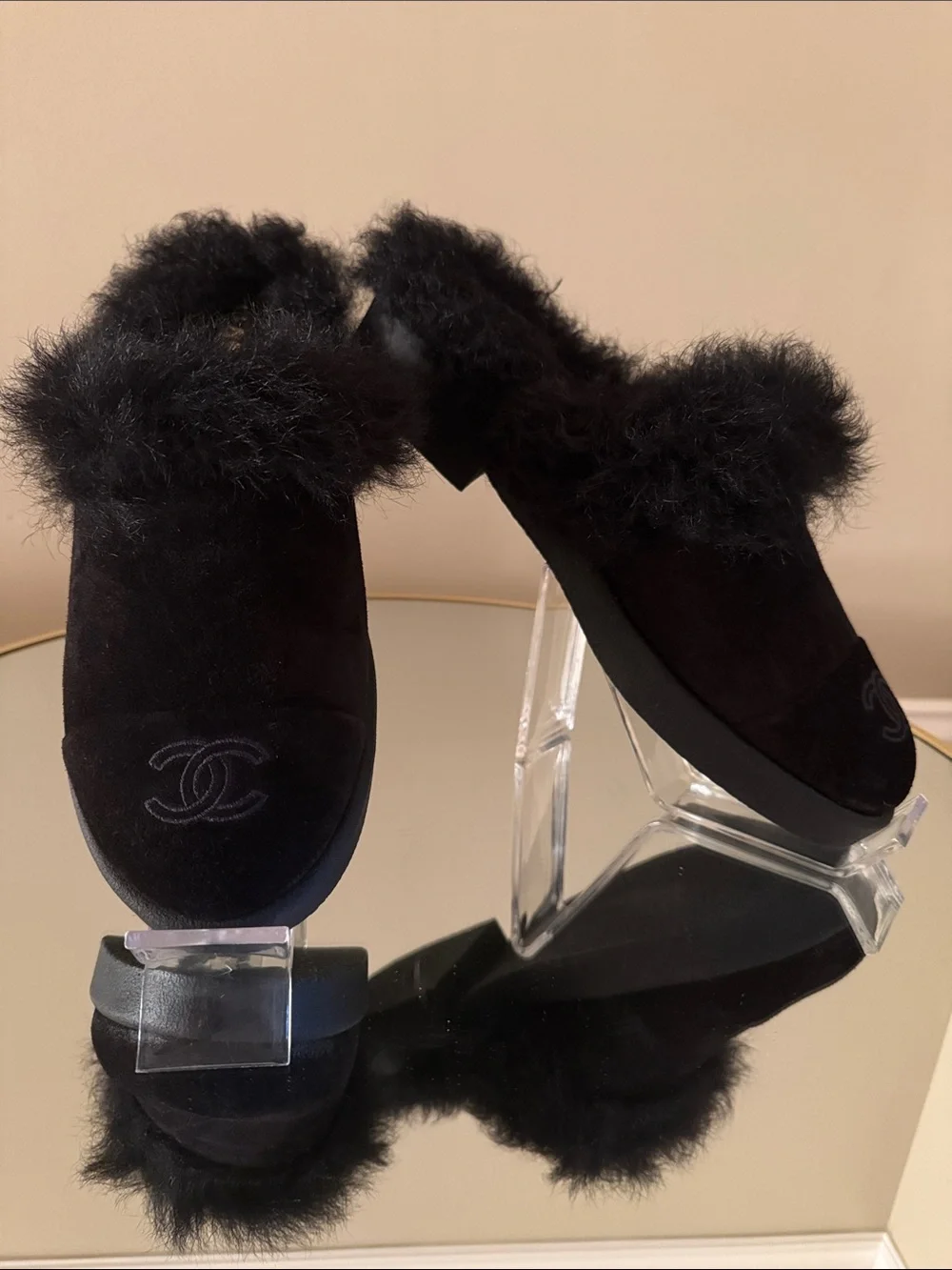 Chanel Black Suede Real Fur Shearling Clogs Mules Sz 40